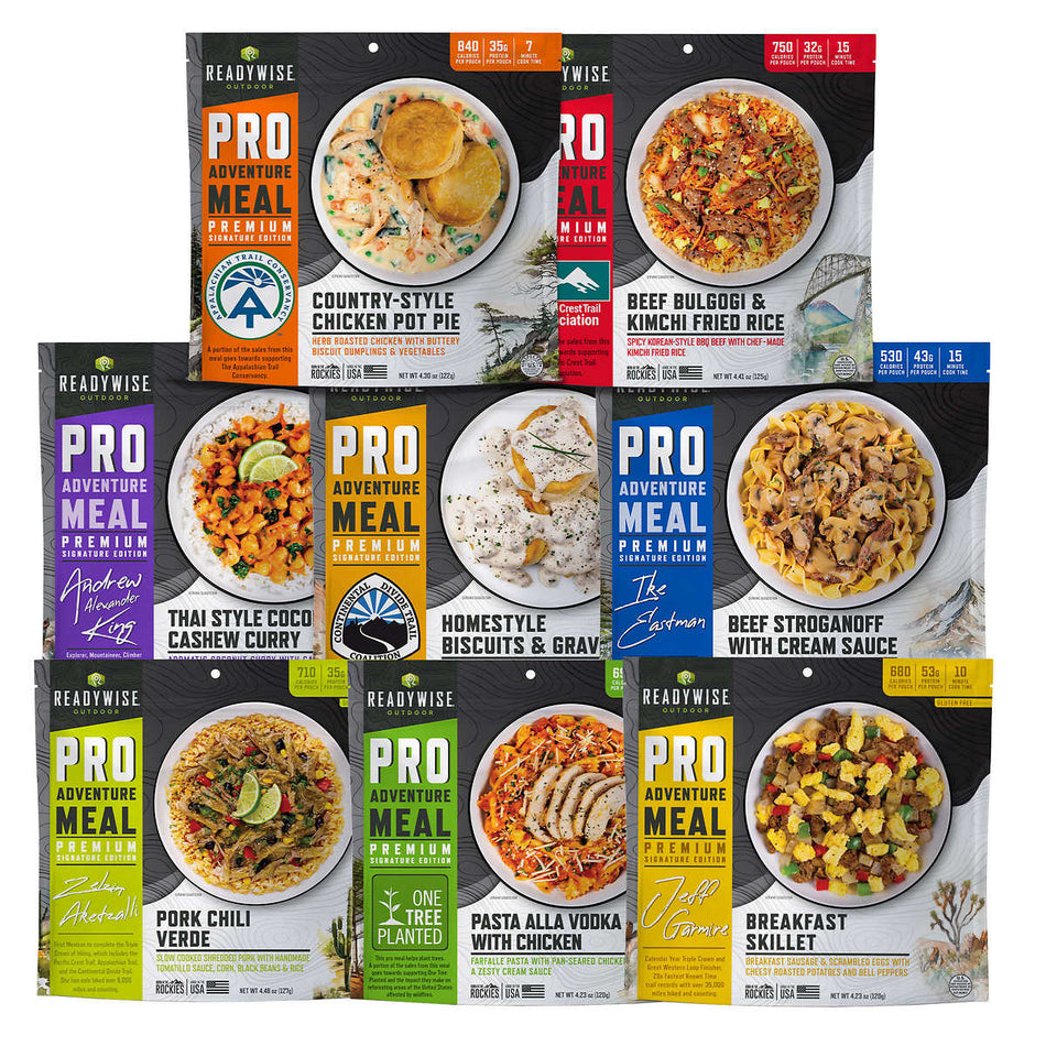ReadyWise Outdoor Pro Meal Sampler Pack - 8 Premium Camping Meals (2 Servings Per Pouch)
